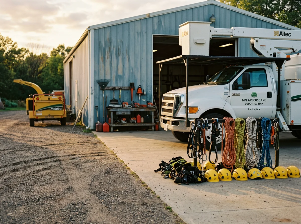 Professional tree service crew with equipment and tools ready for safe tree removal and trimming work.