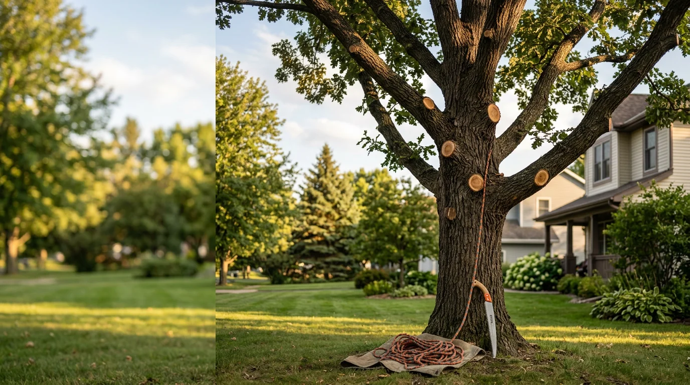 Certified arborist inspecting a large oak tree for disease and structural issues.
