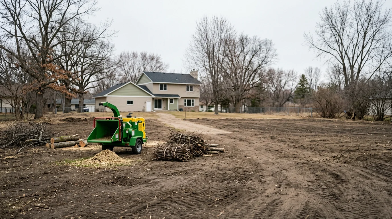 Cleared residential lot with brush and debris removed, ready for landscaping.