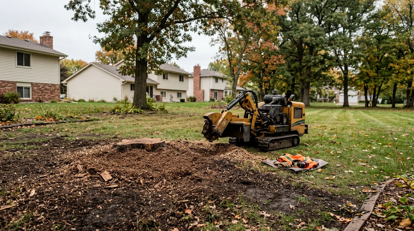 Professional arborist removing a large tree with safety equipment in a residential yard.