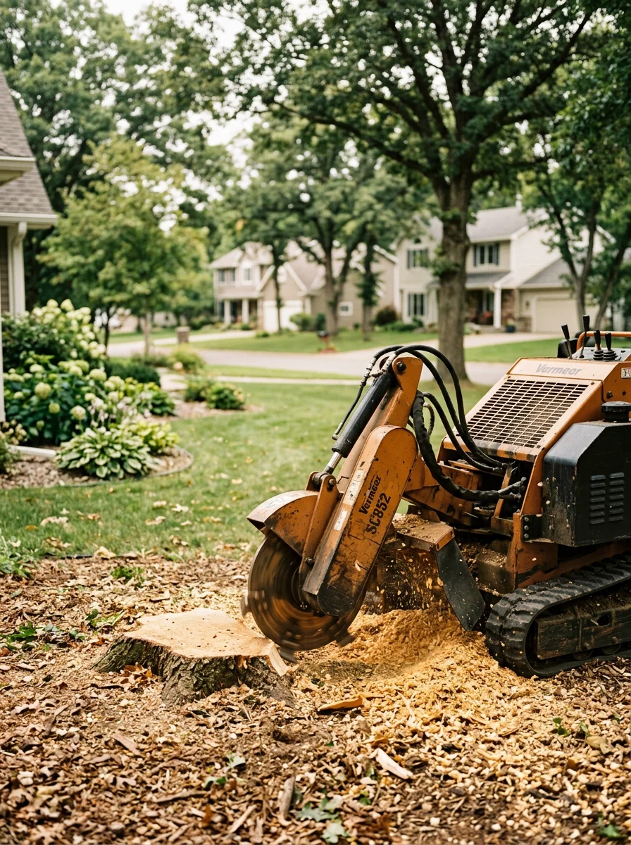 A stump grinder working on a wide-spreading oak stump in an established Andover, Minnesota neighborhood, with a mature tree-lined street visible behind the property.