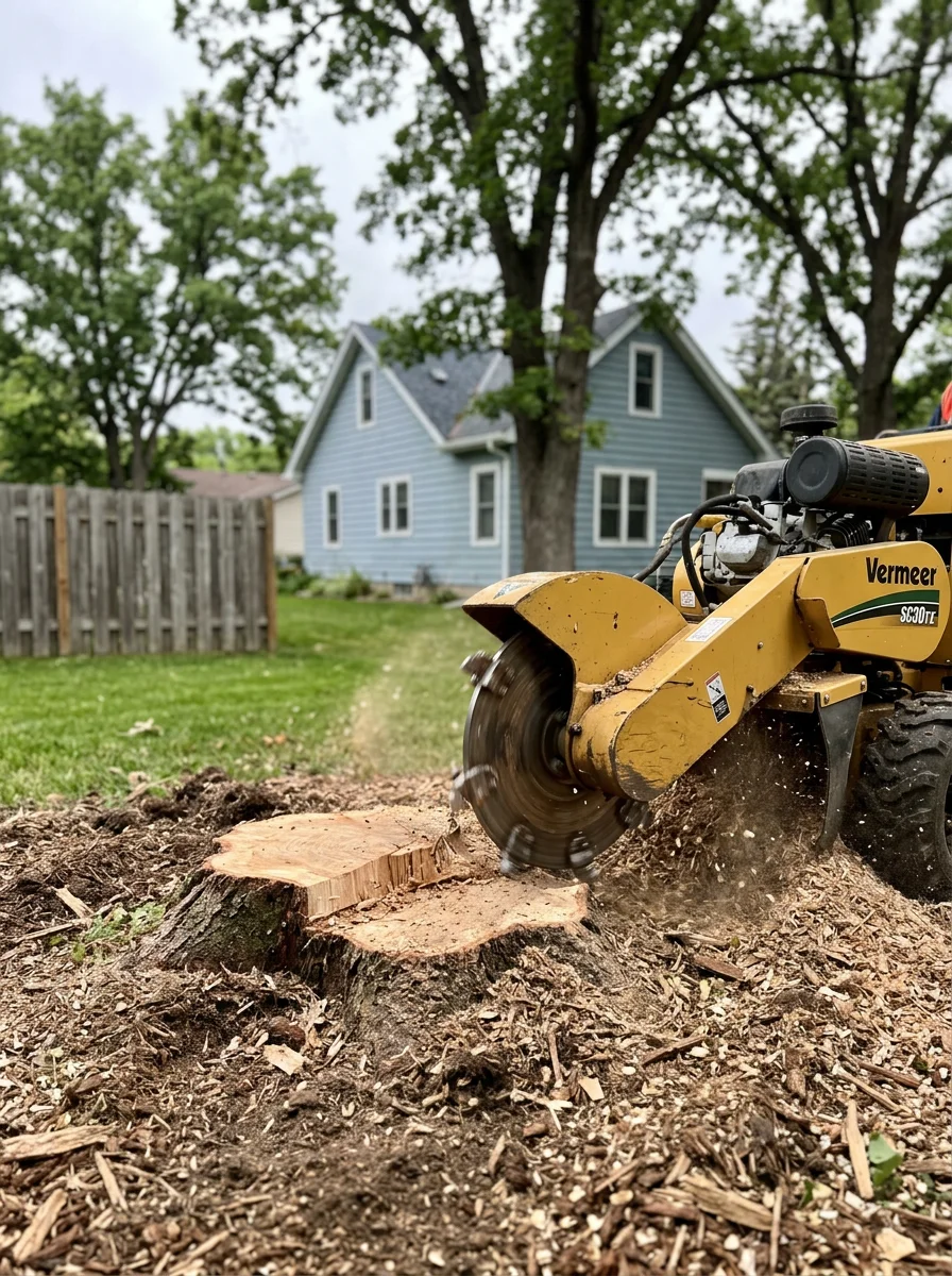 Close-up of a stump grinder working on a freshly cut oak stump in a residential yard in Anoka, Minnesota, with a wood-frame home visible behind it.