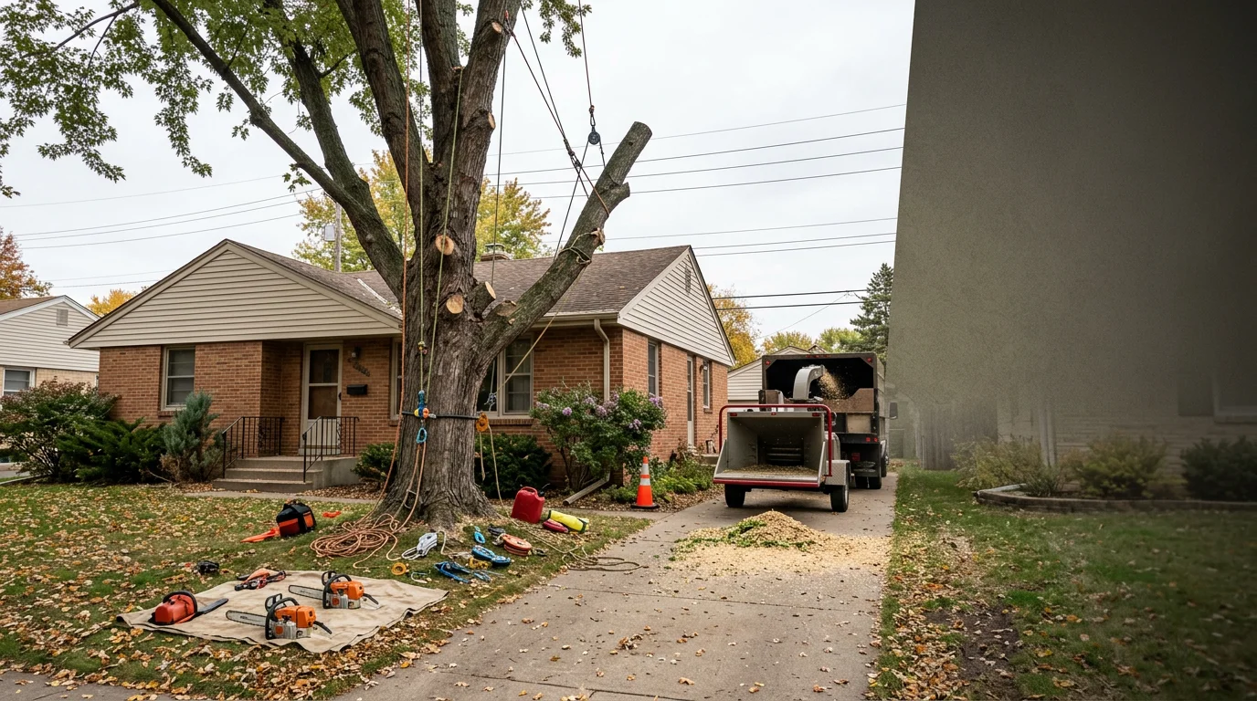 A tree service crew removing a large silver maple overhanging a 1960s-era home in Anoka, MN, with overhead utility lines visible in the background.