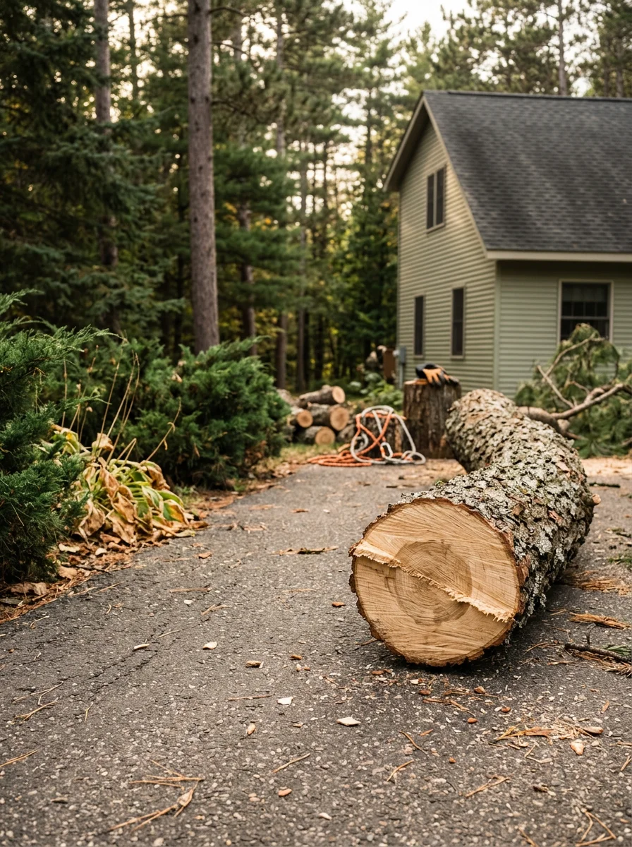 Tree service crew removing a storm-damaged limb from a home in Baxter near the Mississippi River area