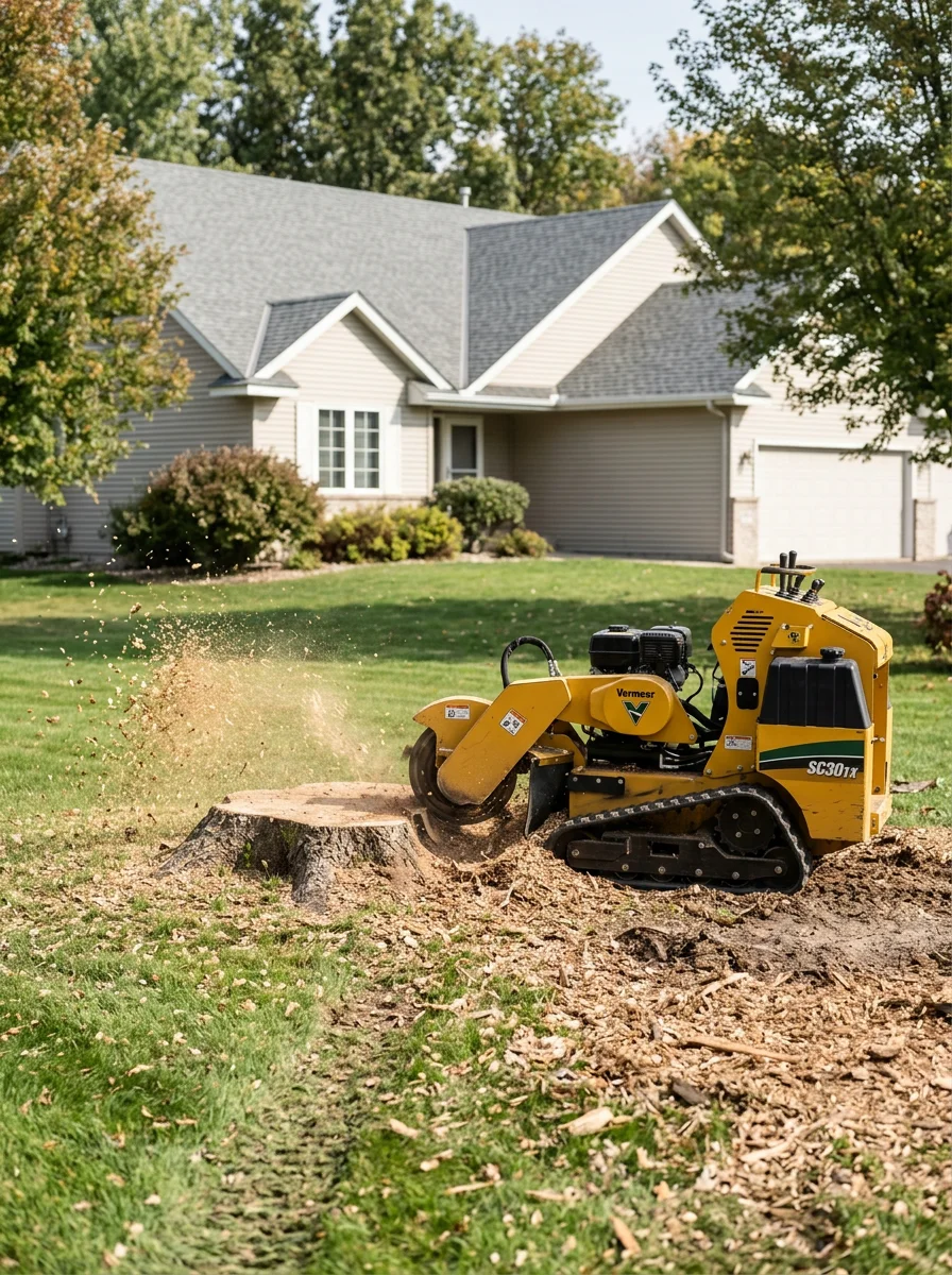 A stump grinder working on a wide stump in a large residential lot in a Big Lake, Minnesota subdivision, with a post-1990s single-family home visible in the background.