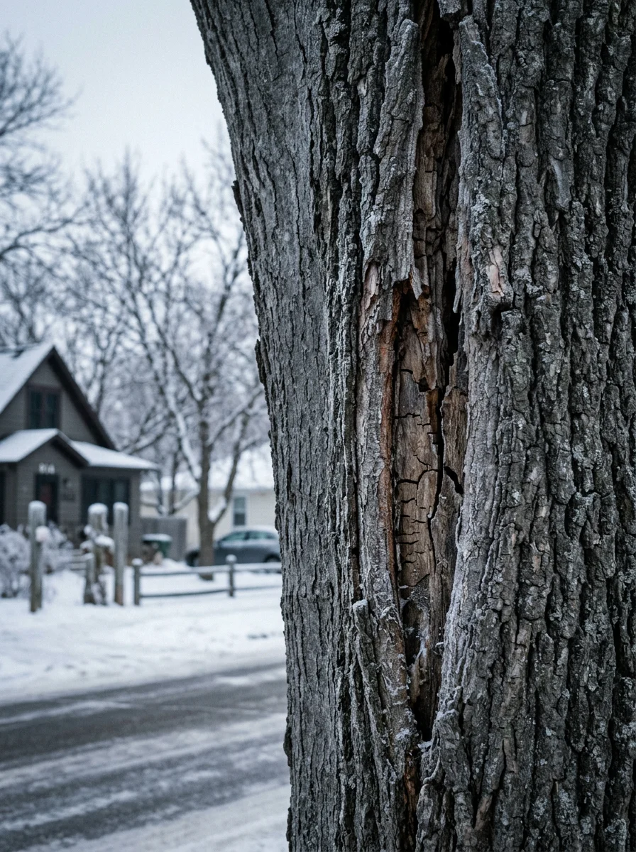 Mature residential trees in Brainerd showing winter damage and frost cracks on bark