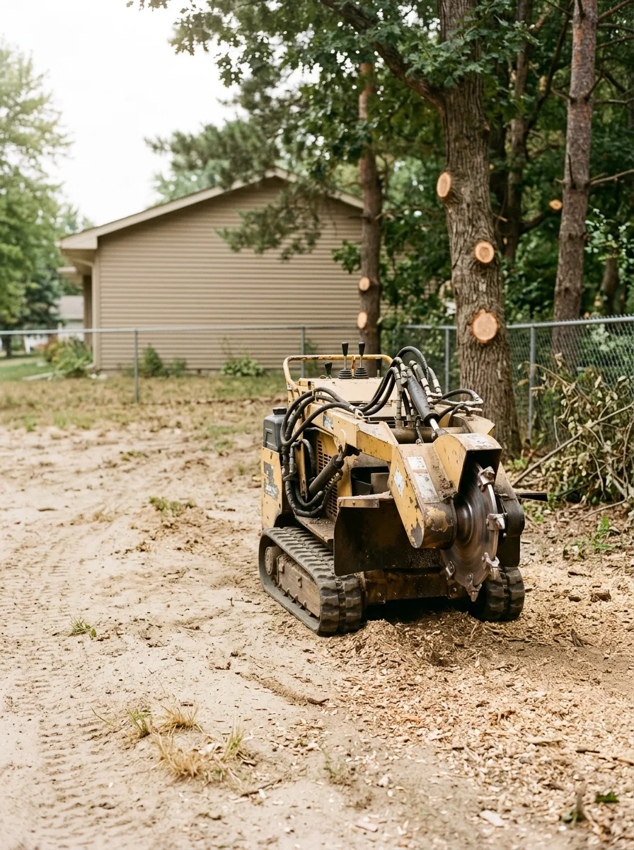 Stump grinding equipment working on sandy soil after tree removal on an East Bethel residential property