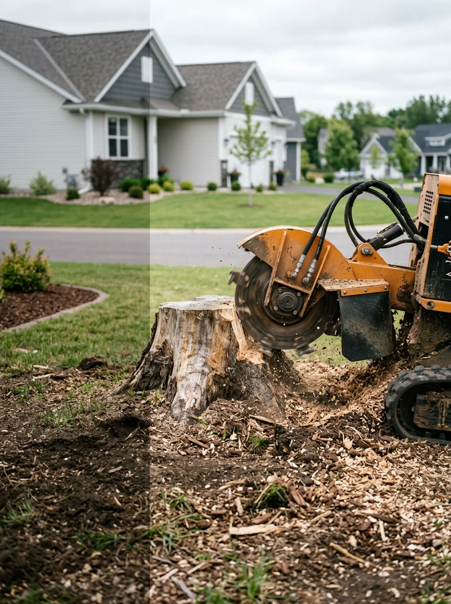 A stump grinder removing a construction-era stump in a newer subdivision lot in Elk River, Minnesota, with a recently built single-family home in the background.