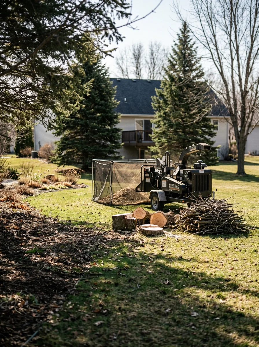 Tree removal crew operating equipment on a 1-acre Ham Lake property during spring cleanup after winter storm damage