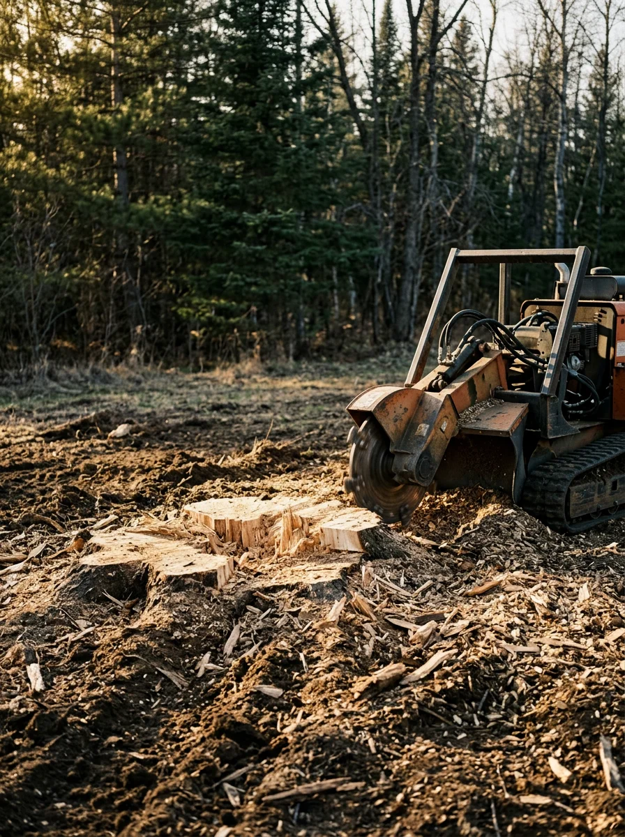 A stump grinder working on a large stump on a rural Morrison County acreage property near Little Falls, Minnesota, with a wooded tree line and open field visible behind it.