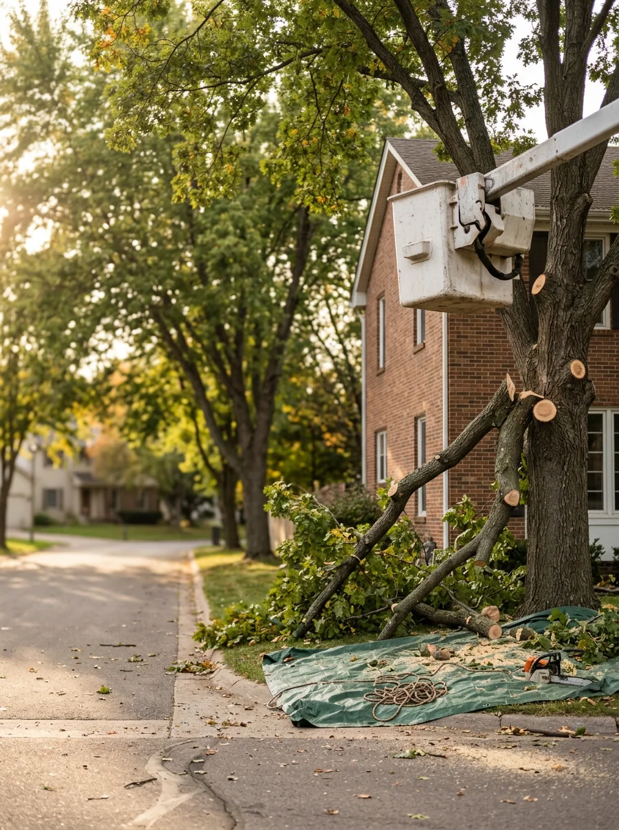 Ally Tree Service crew removing storm-damaged limbs from a residential property in Maple Grove using aerial lift equipment