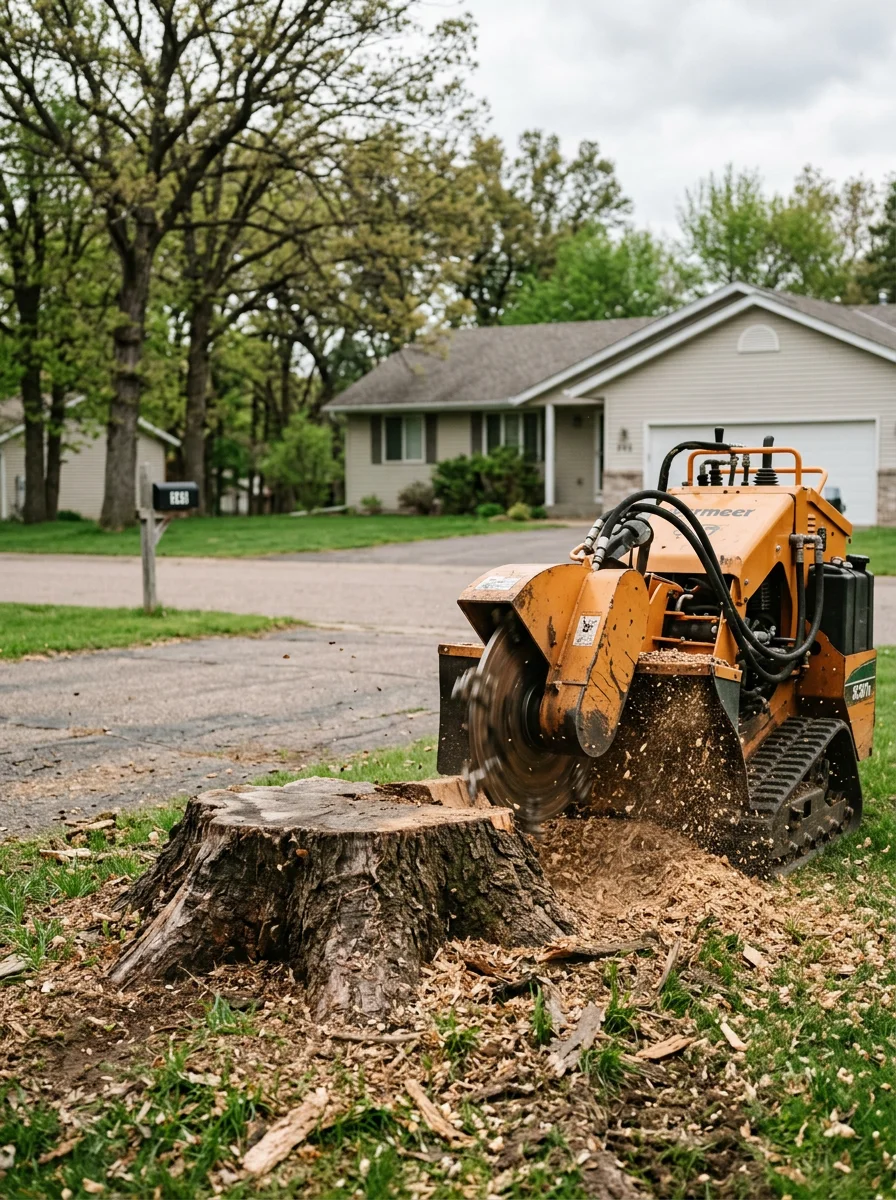 Tree stump grinding equipment removing a large stump from a Monticello property