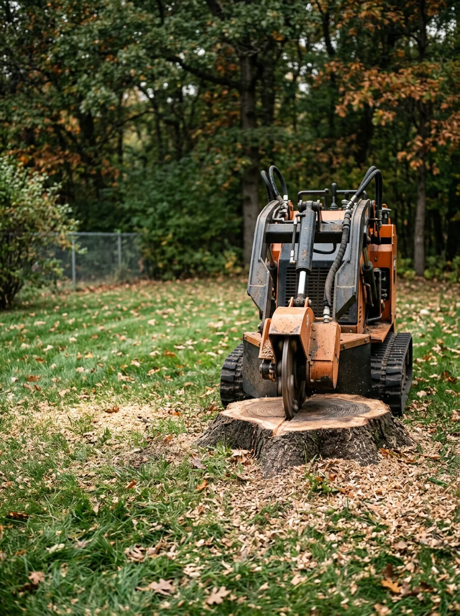 A stump grinder working on a large stump left from original subdivision clearing in a Ramsey, Minnesota backyard, with a wood-line buffer of trees behind it.