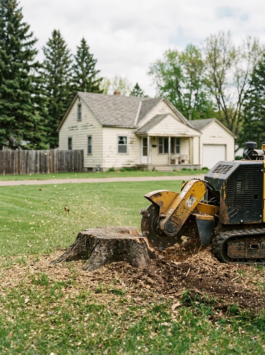 Stump grinding equipment removing a large tree stump from a Randall residential yard with older home in the background.