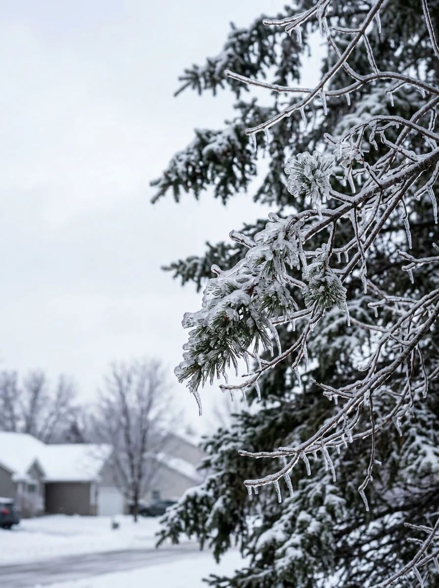 Ice-laden tree branches after winter storm in Benton County, demonstrating freeze-thaw damage risk