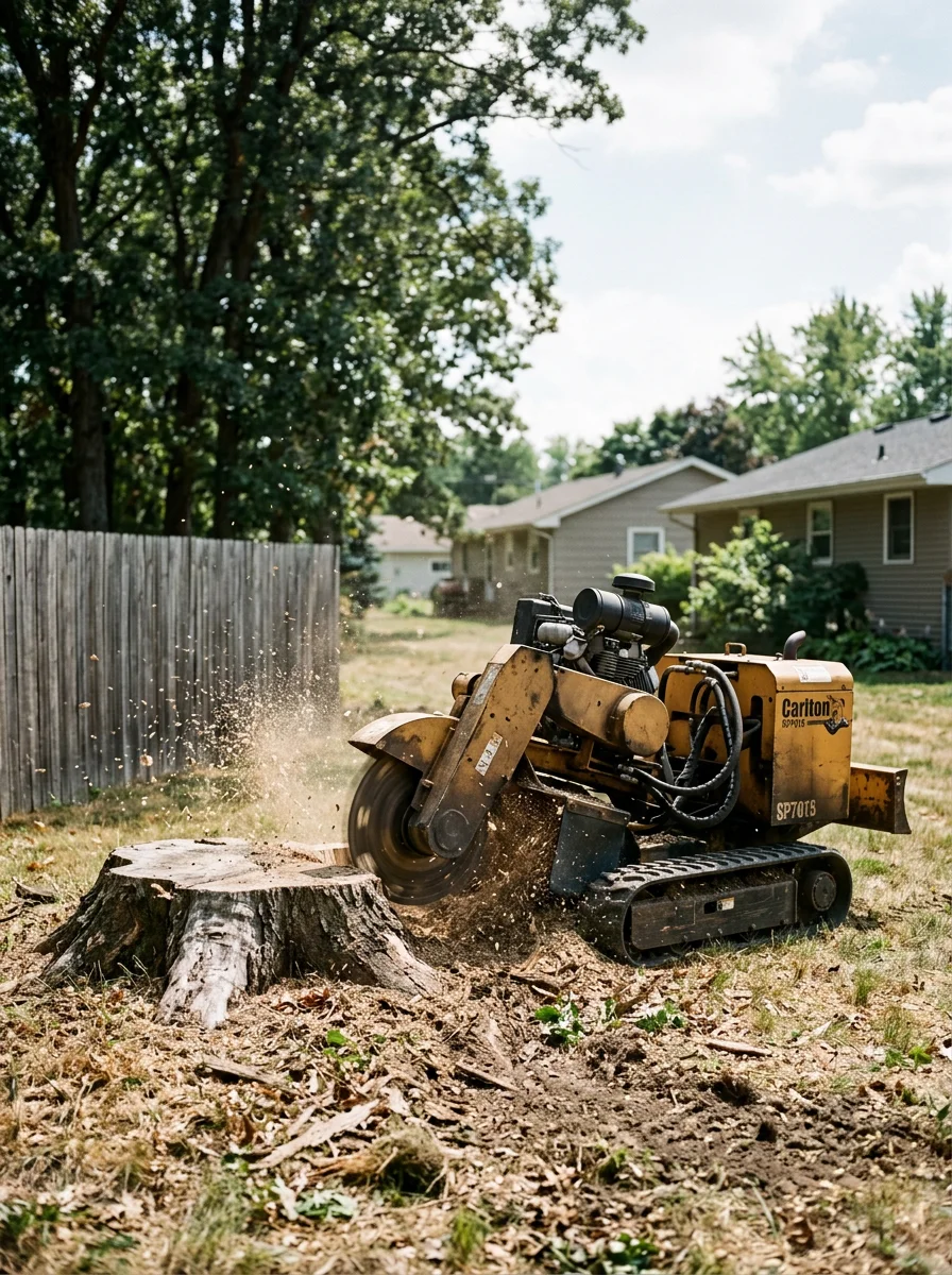 Stump grinding equipment removing a large tree stump from a residential yard in Royalton