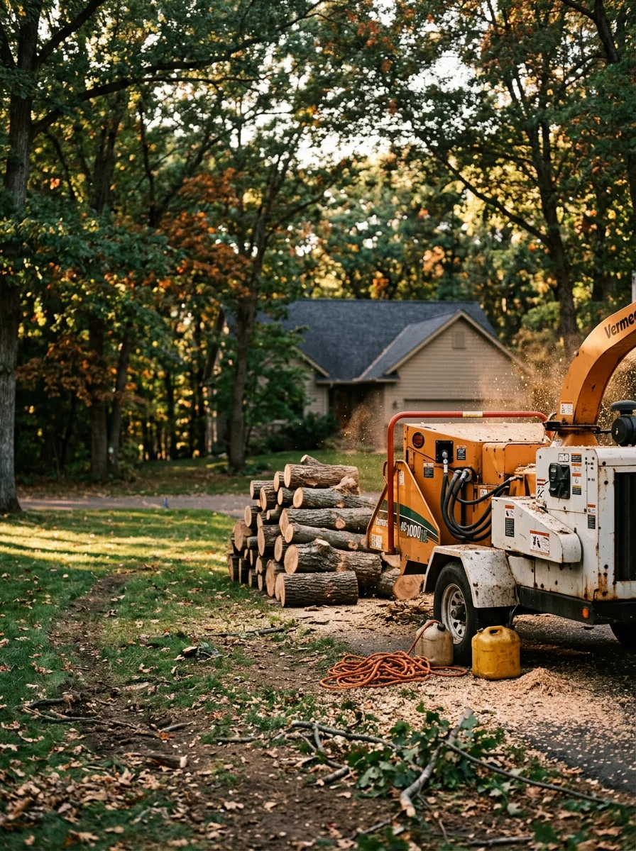 Tree removal crew operating equipment near a wooded residential lot in Sartell