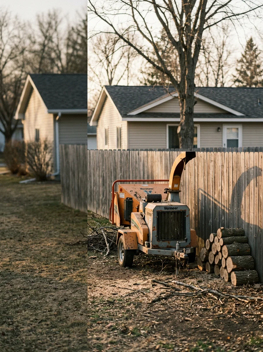 Tree removal equipment working carefully in a tight residential lot with homes and fences nearby in Sauk Rapids
