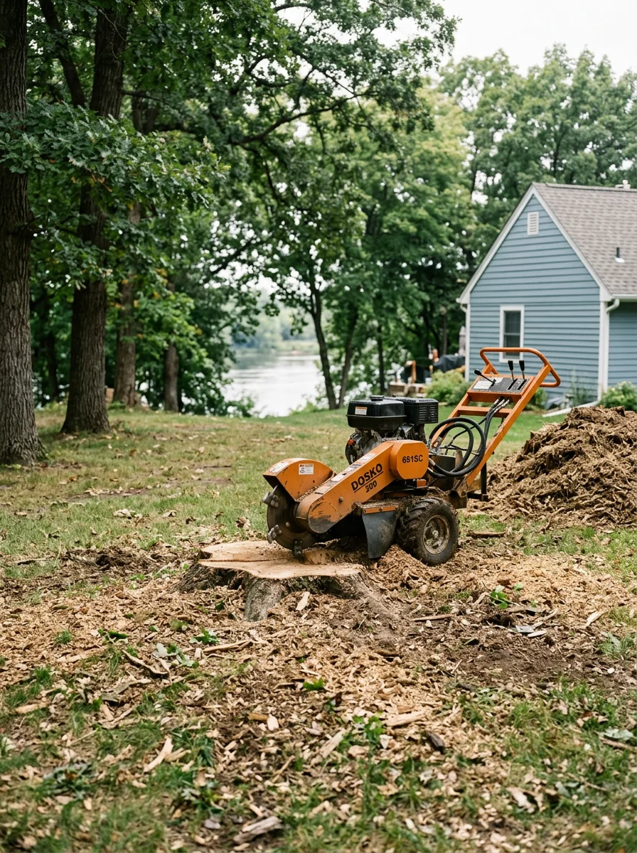 A stump grinder working on a wide maple stump in a residential yard in St. Cloud, Minnesota, with the Mississippi River visible through the trees in the background.