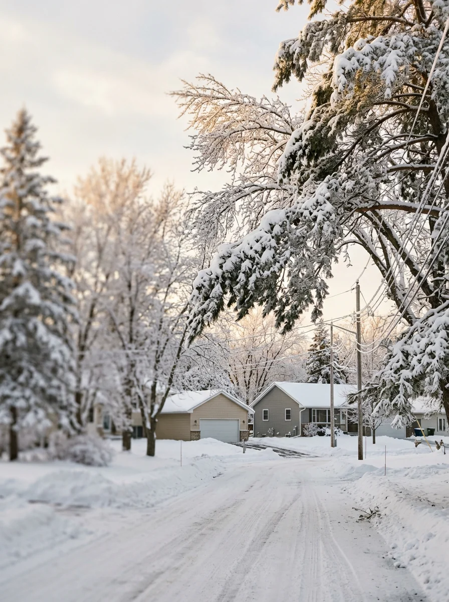 Snow-laden tree branches in winter, demonstrating seasonal hazards and need for professional tree trimming in St Francis, Minnesota