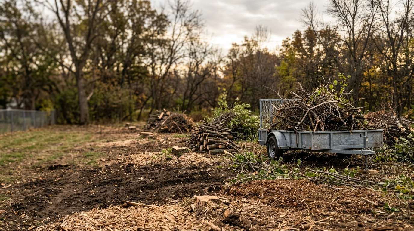 A cleared residential yard in Anoka, MN after brush removal, showing open ground where dense shrubs and overgrown saplings have been cut and hauled away. The property edge is clean with no remaining debris or tangled undergrowth.