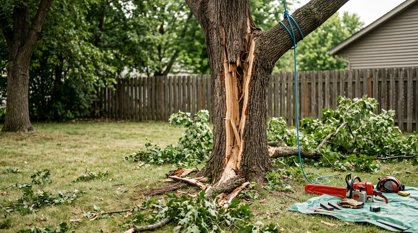 A split and storm-damaged tree being sectionally removed in a residential yard in Anoka, MN. A tree service professional works near the damaged trunk with the home and fence visible in the background.