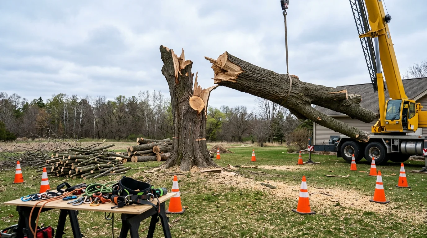 A crane lifting a large section of a storm-damaged tree away from a residential rooftop in Anoka, Minnesota. The tree has a split trunk and the crane positions the log section clear of the home and fence line below.