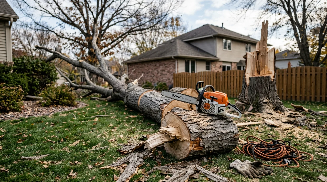 A large dead ash tree being sectioned and removed in a residential yard in Anoka, Minnesota, with bare brittle branches and peeling bark visible against a clear sky. A crew works at ground level as cut sections are cleared from the lawn near the home.