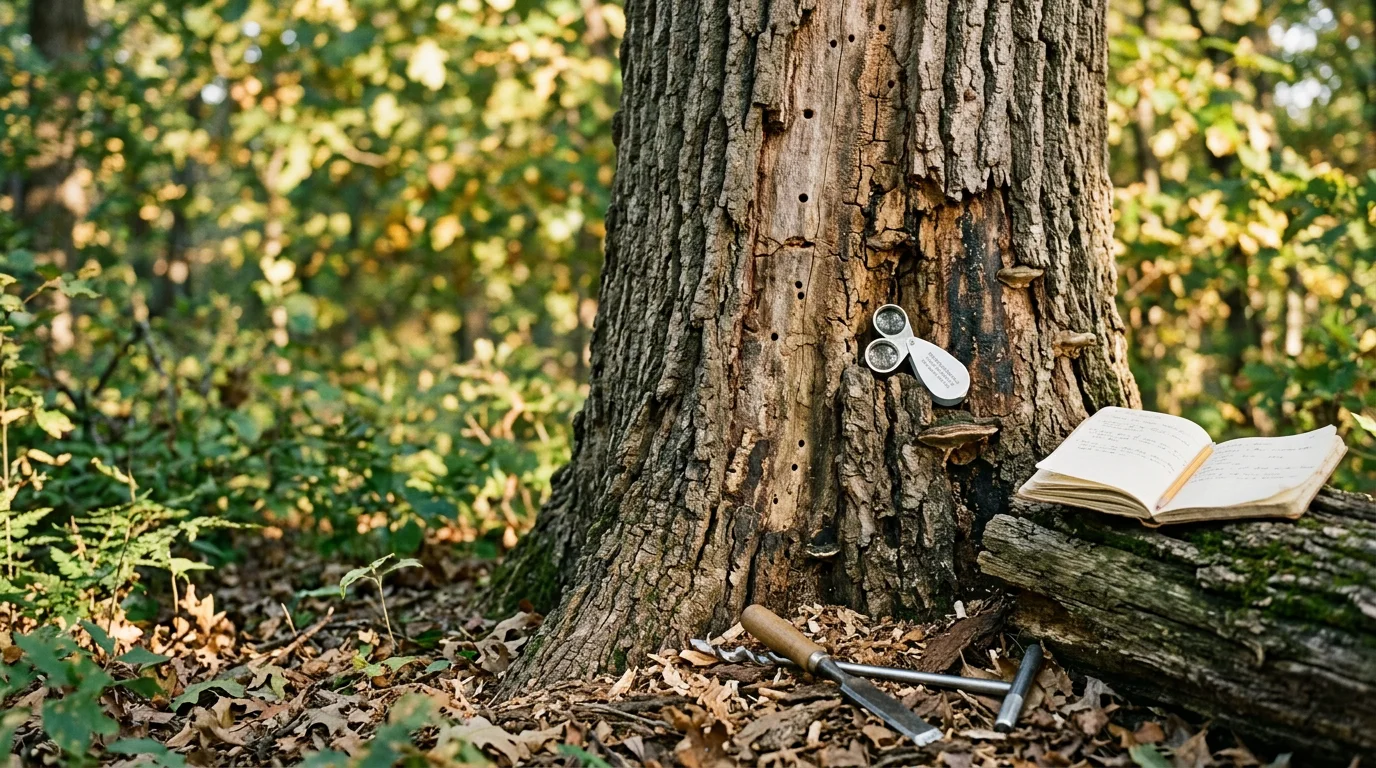 An arborist closely examining the bark and trunk of a mature oak tree in a residential yard in Anoka, Minnesota, checking for signs of oak wilt or boring insect damage. The canopy and root zone are visible in the background during a disease and pest inspection.