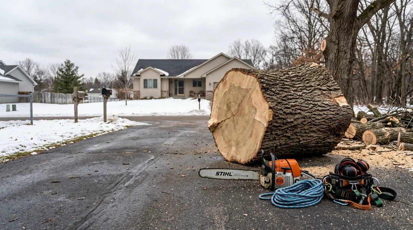 A large storm-damaged tree removed from a residential property in Anoka, MN, with the trunk sectioned and cleared from the roofline. Debris is stacked at the curb and the driveway is fully accessible.