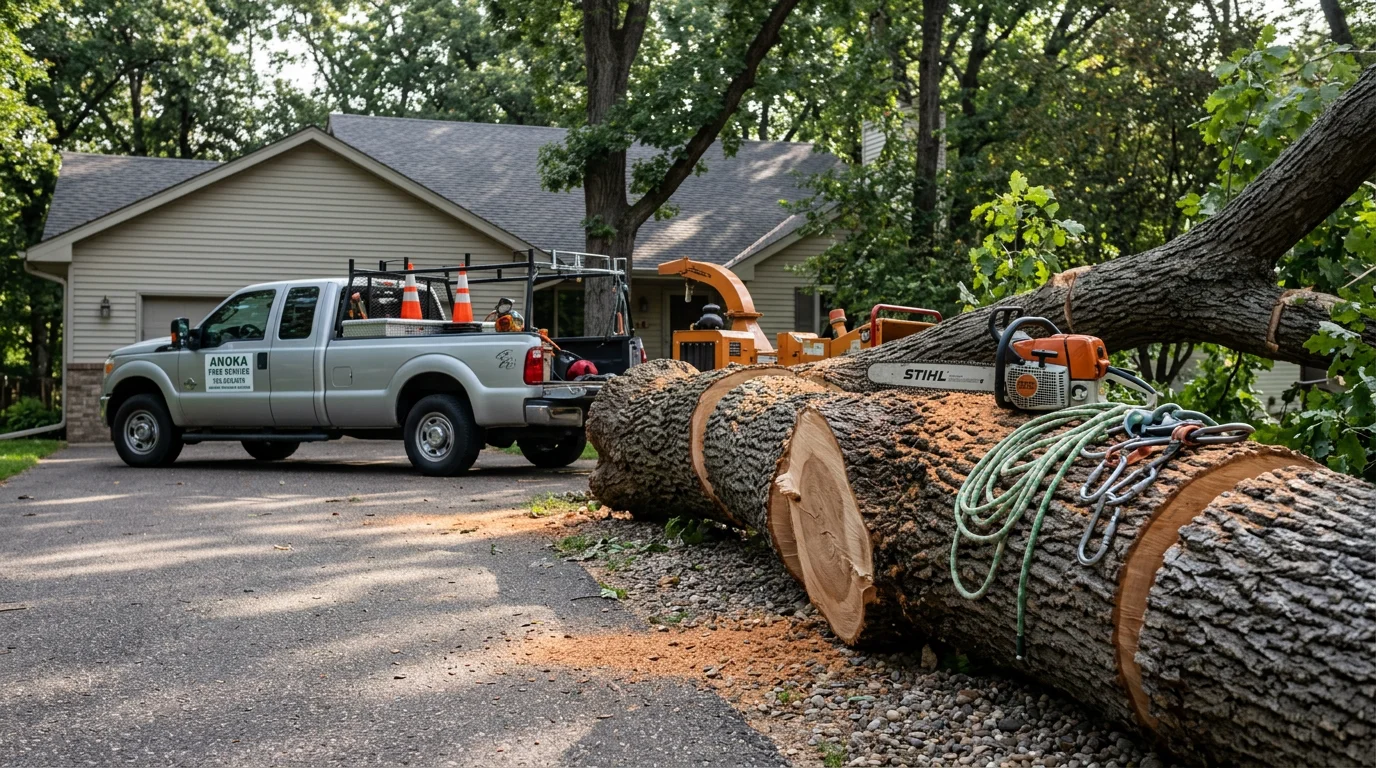 A large fallen oak tree sectioned and partially cleared from a residential yard in Anoka, Minnesota. Cut log rounds are stacked near the property line with the remaining debris ready for removal.
