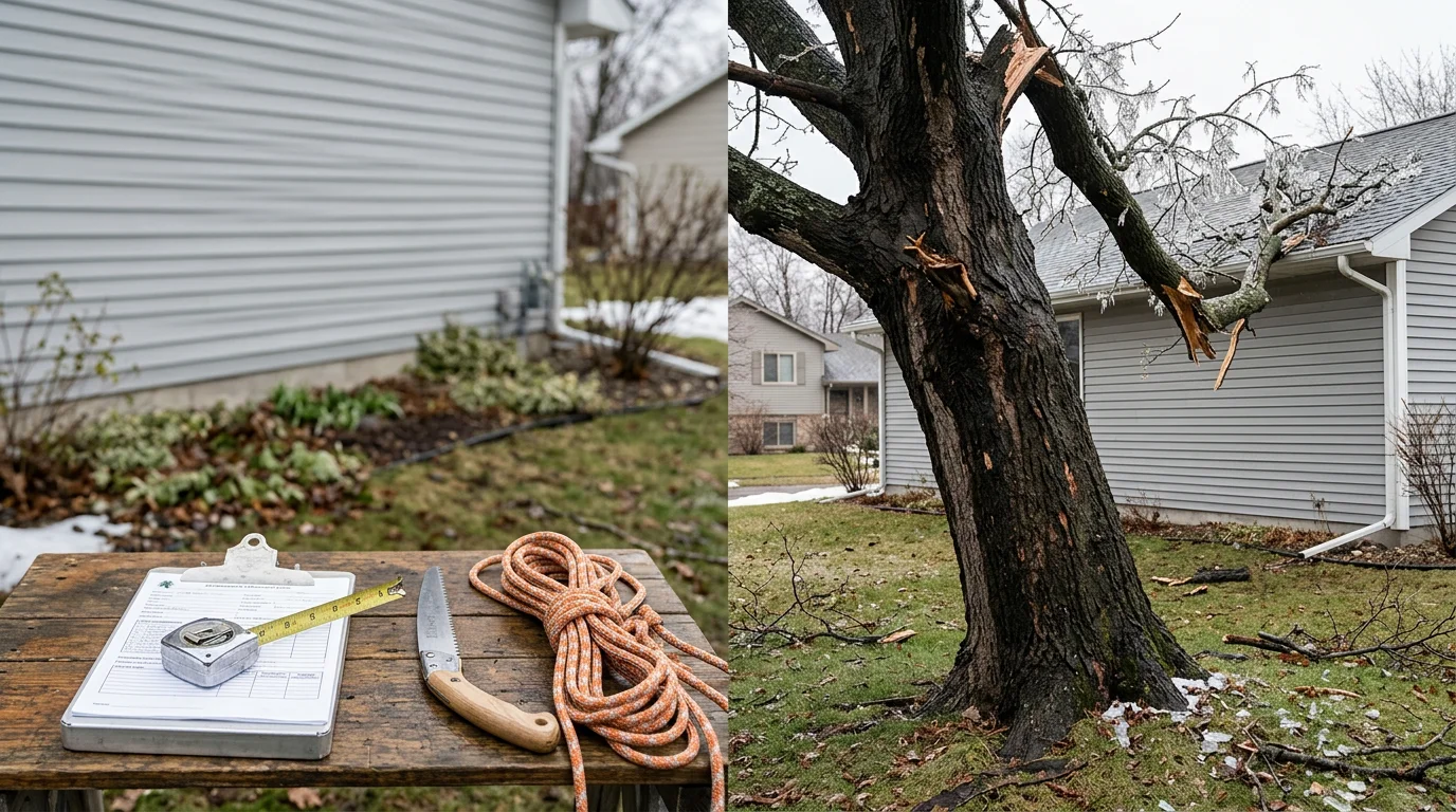 Ally Tree Service owner standing in a residential yard in Anoka, MN, reviewing a large tree near a home during a free on-site estimate visit. Mature trees and a single-family home are visible in the background.