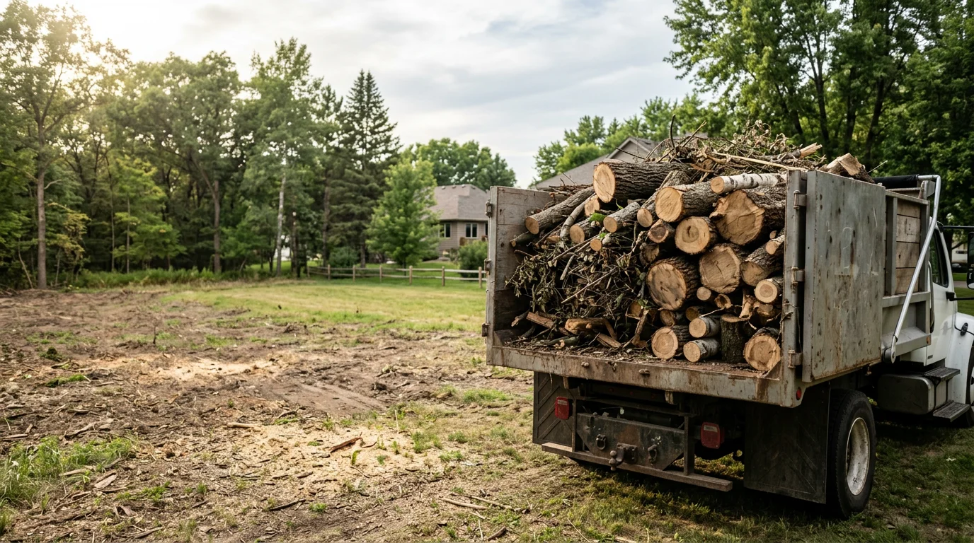 Pile of cut logs, branches, and brush being loaded onto a truck at a residential property in Anoka, MN. Cleared yard visible in the background after tree debris haul away service.