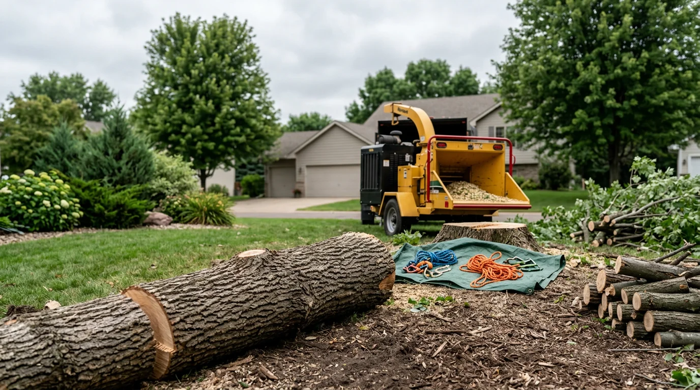 A large hazardous tree being removed in a residential yard in Anoka, MN, with the trunk sectioned and lowered in sections away from a nearby home. The surrounding property and structures remain undamaged throughout the removal process.