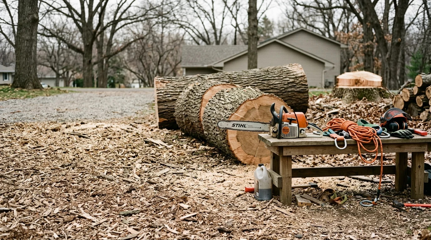 A large hazardous tree being carefully sectioned and lowered in a residential yard in Anoka, MN, with the crew working away from a nearby structure. The tree shows signs of upper canopy dieback consistent with disease or storm damage.