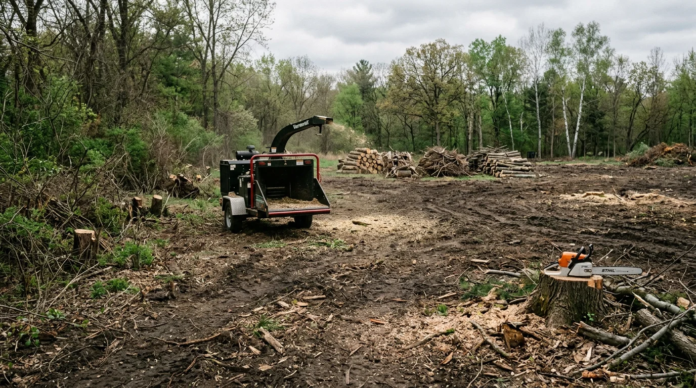 A cleared residential lot in Anoka, MN with stumps and overgrown brush removed, leaving open ground ready for landscaping or construction. Ally Tree Service land clearing work in the Anoka area.