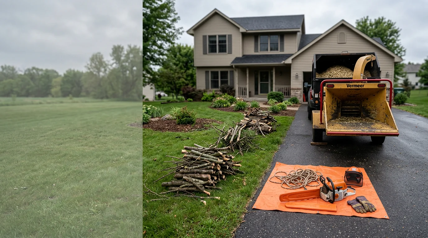 A residential yard in Anoka, MN with scattered storm branches and split limbs cleared from the lawn and driveway by Ally Tree Service. The property is clean and free of post-storm debris.