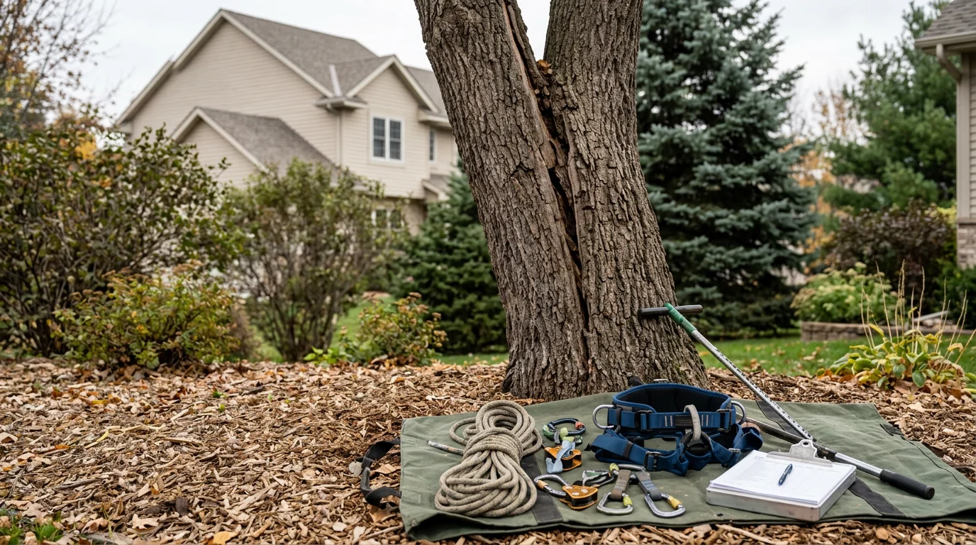 A large tree with a split trunk and exposed interior decay standing close to a residential home in Anoka, MN. A tree service professional assesses the structural damage from the base of the tree.