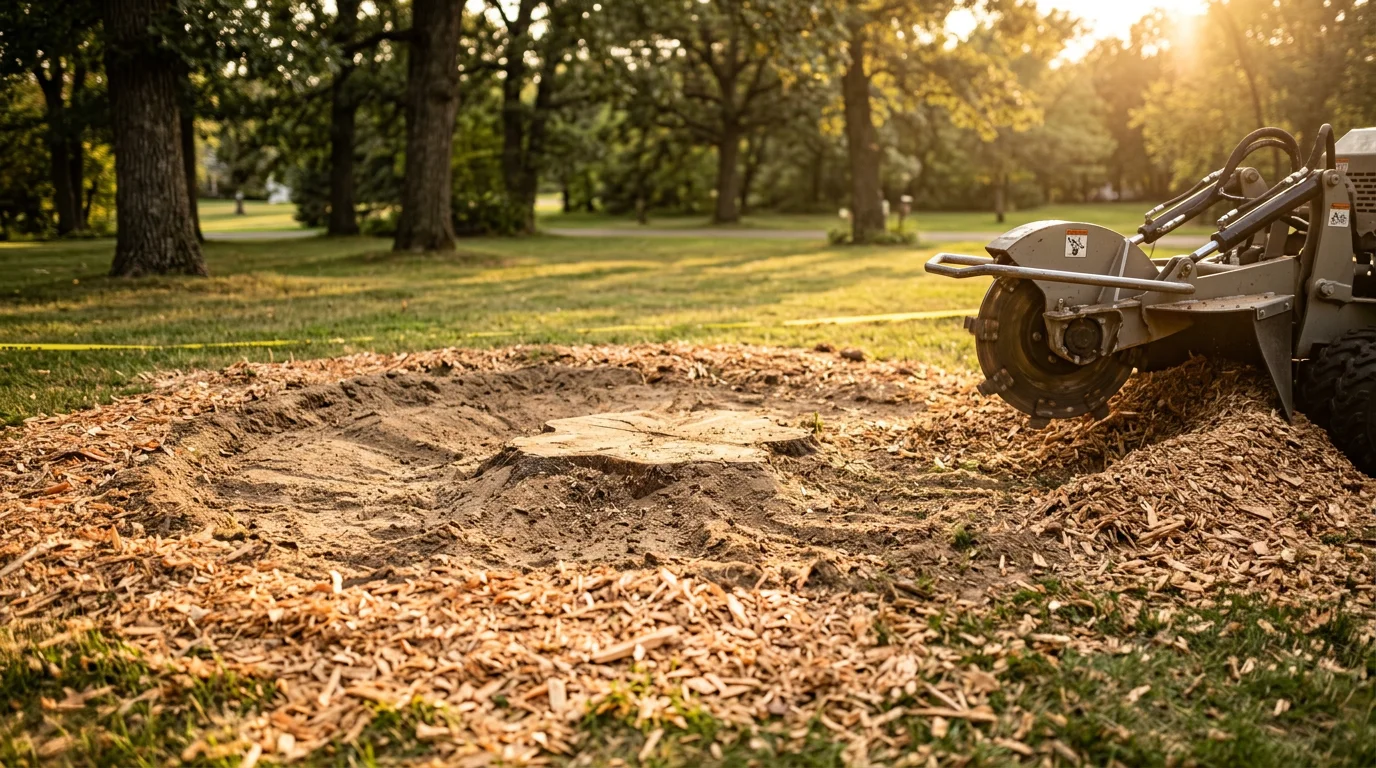 A freshly ground tree stump in a residential yard in Anoka, MN, with wood chips filling the cavity and the surrounding lawn left undisturbed. The ground is level and clear, ready for grass seed or new plantings.