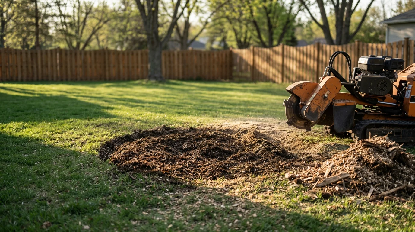 A freshly ground tree stump in an Anoka, MN residential backyard, with wood chip grindings filling the cavity and surrounding lawn visible. The area is cleared and level, ready for reseeding.
