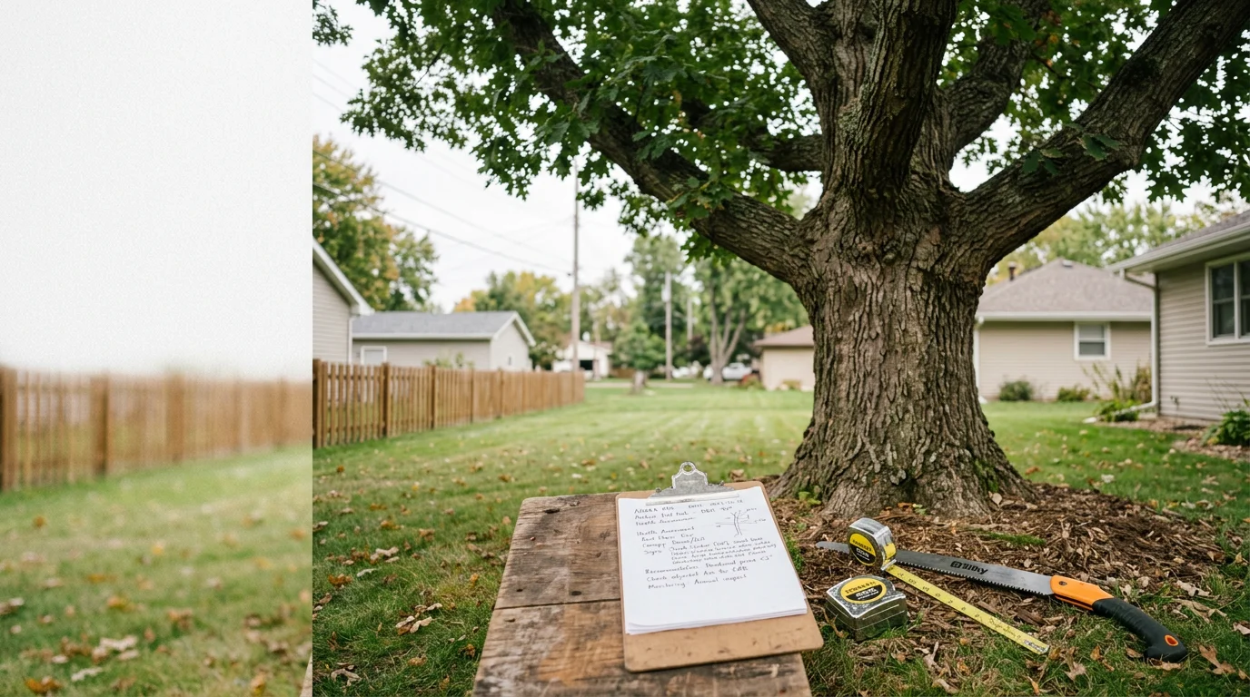 An arborist from Ally Tree Service examining the trunk and canopy of a mature tree on a residential property in Anoka, MN. The consultation focuses on structural condition and proximity to the home's roofline.