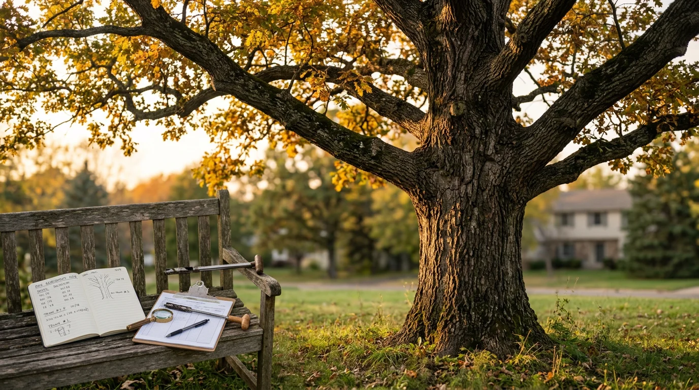 An arborist from Ally Tree Service examining the bark and lower trunk of a mature oak tree on a residential property in Anoka, MN. The inspection focuses on visible signs of disease and structural stress near the root collar.