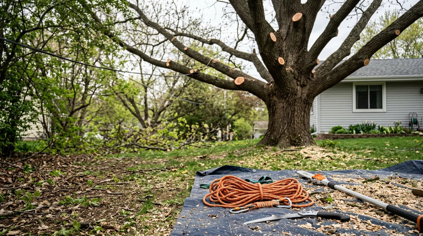 An arborist pruning the upper canopy of a mature deciduous tree on a residential property in Anoka, Minnesota. Deadwood and crossing branches have been cleared, leaving a clean, open canopy structure.