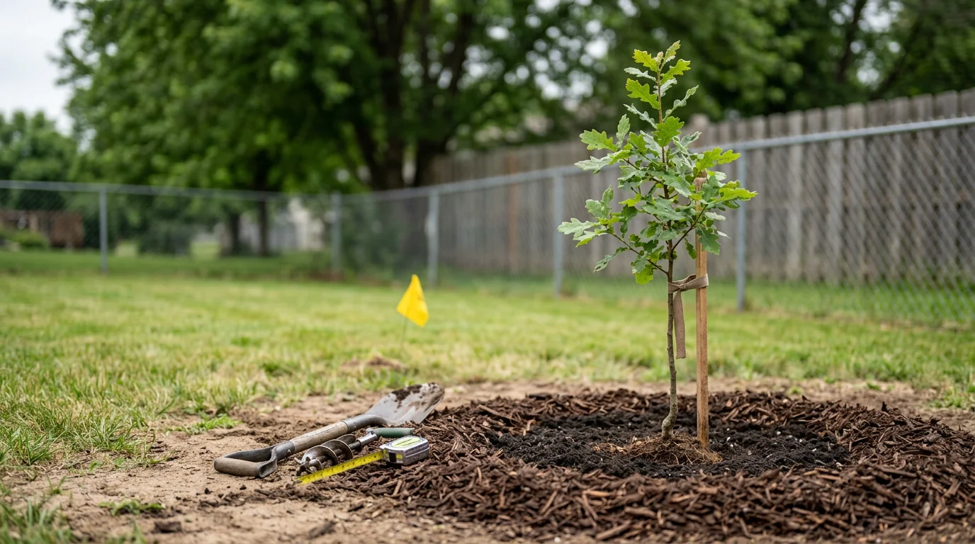 A newly planted bur oak sapling in a residential yard in Anoka, Minnesota, with fresh soil tamped around the base and a clear setback from a nearby utility pole. A tree service professional from Ally Tree Service inspects the planting depth in a suburban setting typical of Anoka County.