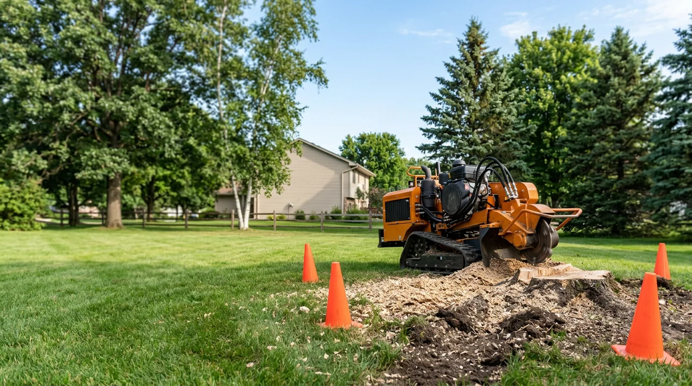 A large tree stump freshly ground down to below grade level in a residential yard in Anoka, MN, with wood chip mulch spread across the cleared area. The surrounding lawn and neighboring home are visible in the background.