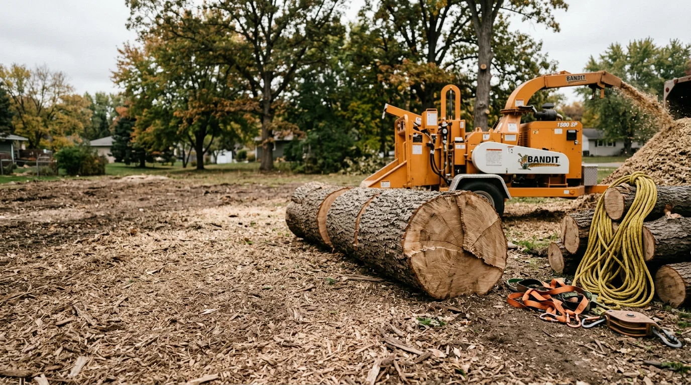 A large tree being sectionally removed in a residential yard in Anoka, MN, with cut sections on the ground and a cleared area around the base. The surrounding home and lawn are undamaged.