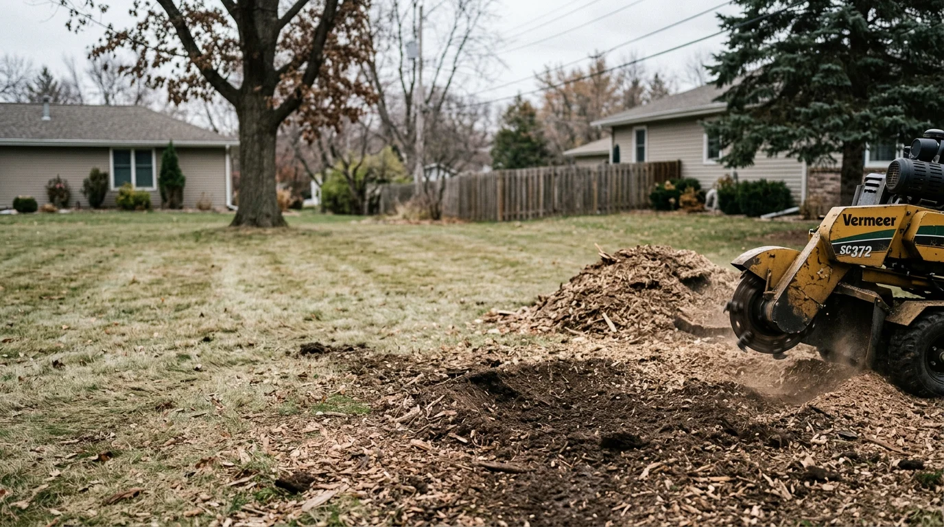 A freshly ground tree stump in a residential yard in Anoka, MN, with wood chips spread across the leveled soil where the stump once stood. The surrounding lawn is intact and the area is clear and ready for replanting.