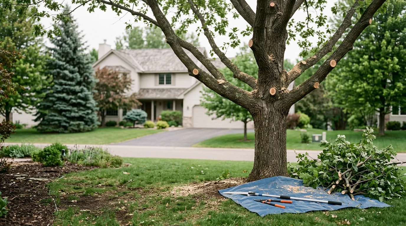 An Ally Tree Service crew member pruning a large oak tree in a residential yard in Anoka, MN. Trimmed branches are visible on the ground below the cleared canopy.