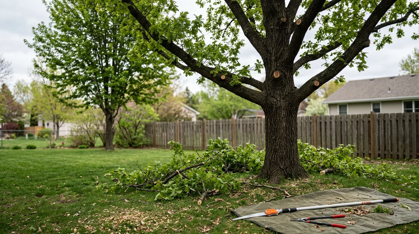 An Ally Tree Service crew member trimming overhanging branches from a mature tree in a residential yard in Anoka, MN. Cut limbs are visible on the ground below a clean, shaped canopy.