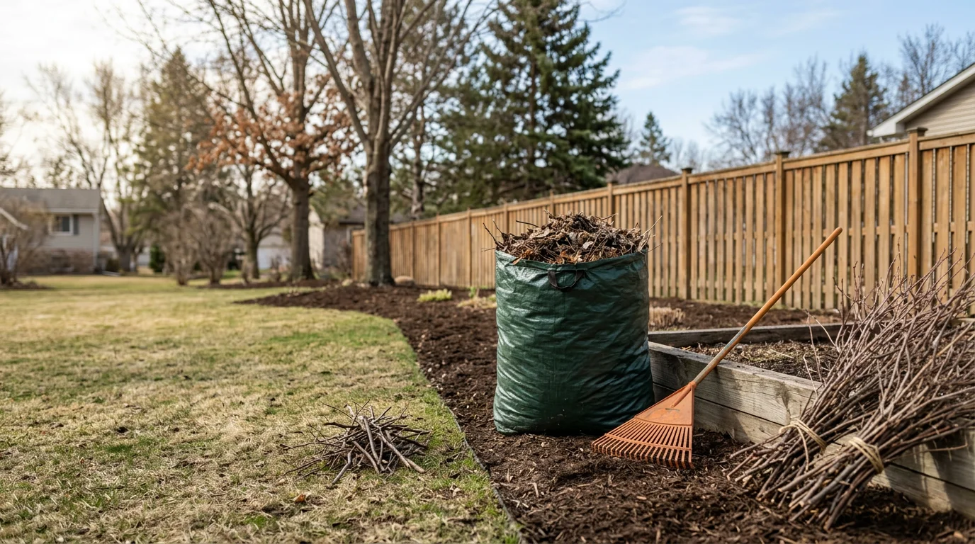A cleared residential yard in Anoka, MN after professional yard cleanup, showing a debris-free lawn with trimmed shrubs and clean garden beds. Bagged yard waste and removed branches are staged for haul-away near the property edge.